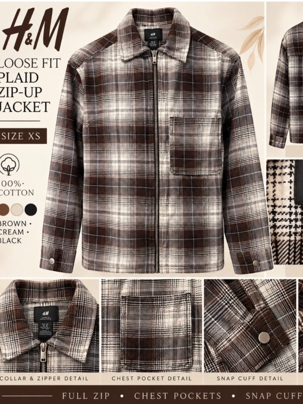 H&M Mens Loose Fit Plaid Zip-Up Jacket – Size XS